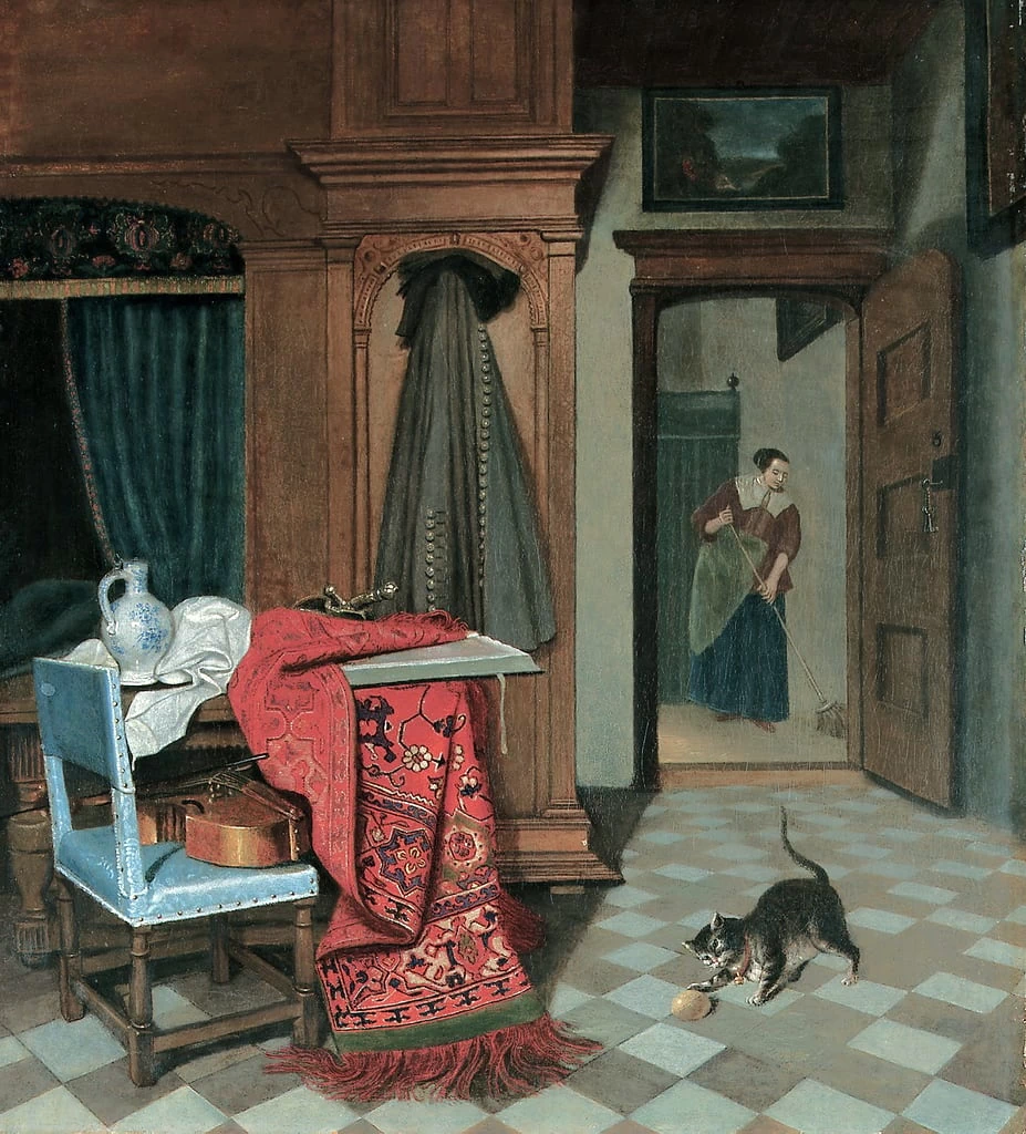 Interno con gatto che gioca e vista su una stanza in cui una cameriera spazza il pavimento - Museum di Delft